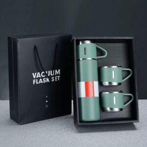 Double-wall stainless steel vacuum thermos flask with Silicone Handle and Insulated lid set with 2 stainless steel cups for hot and cold beverage