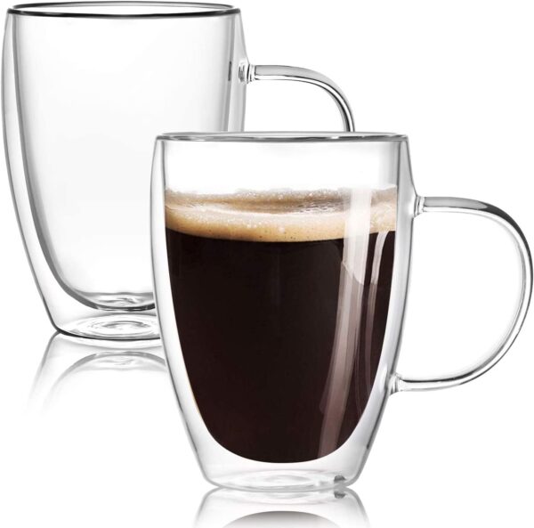 Double Walled Glass Coffee Mugs with Handle,Insulated Layer Coffee Cups,Clear Borosilicate Glass Mugs,Perfect for Cappuccino,Tea,Latte,Espresso,Hot Beverage,Wine,Microwave Safe