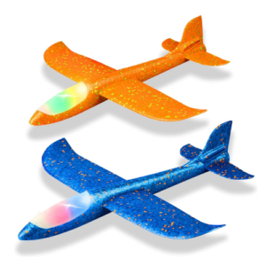 2 Pack Airplane Toys: The throwing foam airplane glider pack contains 2 colorful 17.5 inch airplanes. This throwing plane consists of the fuselage and two wings which is easy to install and disassemble, just insert the wing and tail to the right place, keep throwing upward or horizontally angle, you will be allowed to enjoy the interesting flying game immediately. 2 Flight Mode: The hand-throwing foam plane can fly in parallel or rotate mode when you install the plane by different ways. There are two holes in the plane's tail. Insert the tail wing to the below hole, the plane will fly in glider mode. Insert tail wing to the upper hole, plane will fly in reverse mode. The plane fuselage has LED flash light make it beautiful, can fly at night, which will bring enormous fun for kids. Safe and Fun for Play: The foam aircraft toys are made of environmental EPP polymer material, with light weight, impact resistance and good flexibility advantage. Round edges will not hurt hands, suitable for your kids to enjoy the playing time. Foam material glider plane will not harm your kids, even if the foam glider hits them during landing. They are tested to be safe for children. Parent-child Interactive Toy: Playing this flying toys, is beneficial to cultivate children’s practical, observation ability and sense of direction. Jumping and throwing helps to improve children's manipulative ability. Moreover, it can releases stress and relaxes people’s mind and body. It is a ideal for interactive toy outdoor gift, helps to establish a more intimate parent-child relationships.